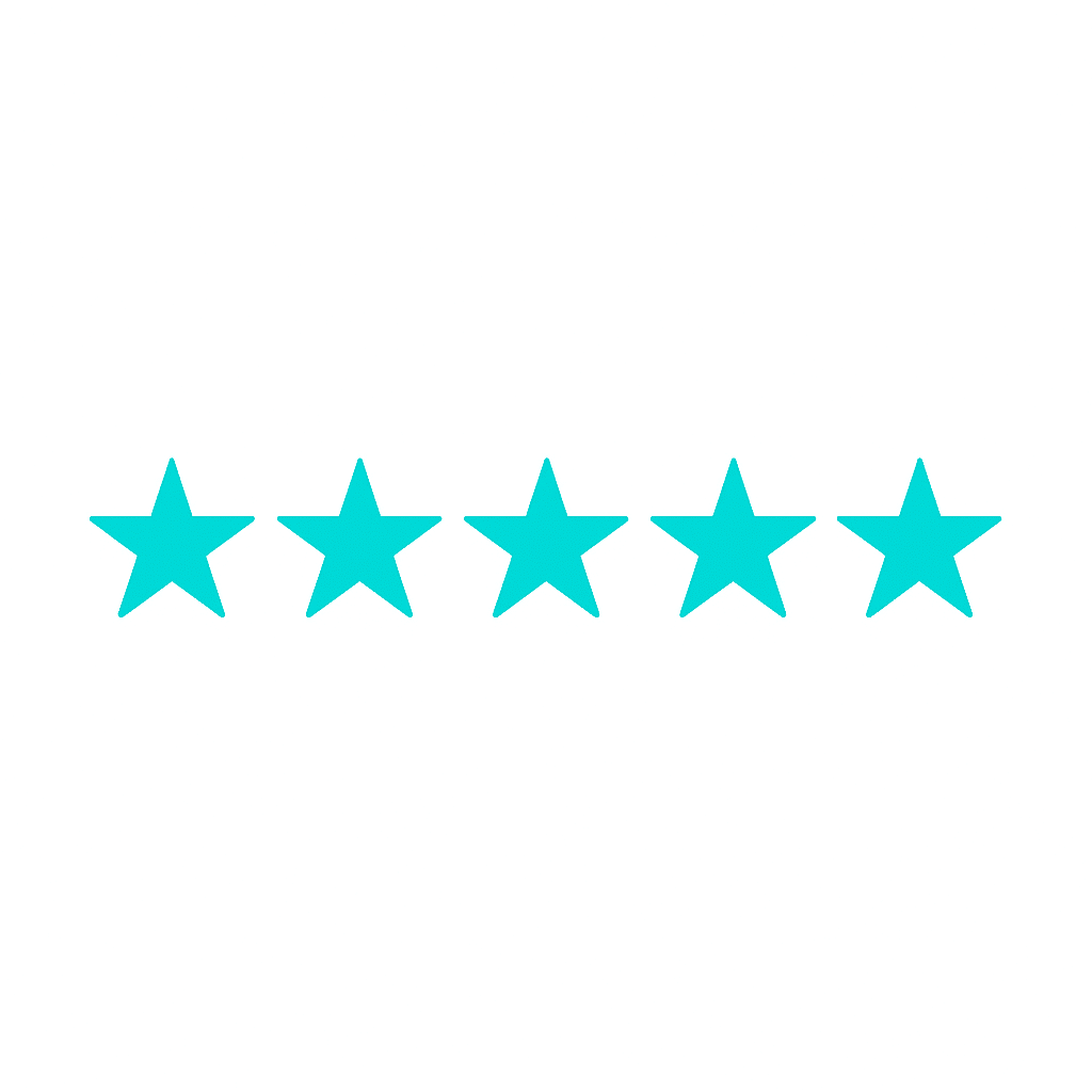 Five turquoise stars on a white background representing premium five-star personal training at Focus Health & Fitness in Norwest, Hills District.