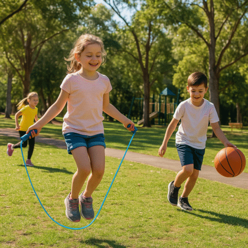 Children playing outdoors in the Hills District during school holidays, skipping rope and playing basketball in a park near Castle Hill.