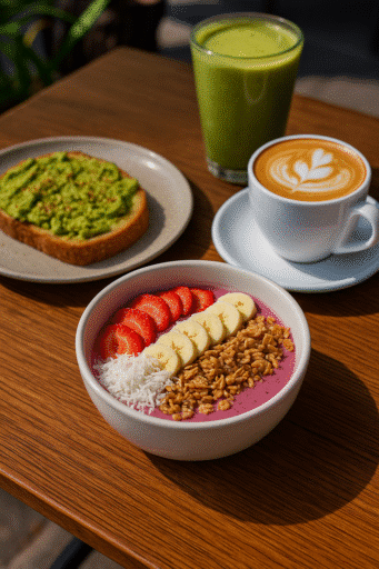 Healthy café meal with avocado toast, smoothie bowl, green juice, and latte on a wooden table in the Hills District.