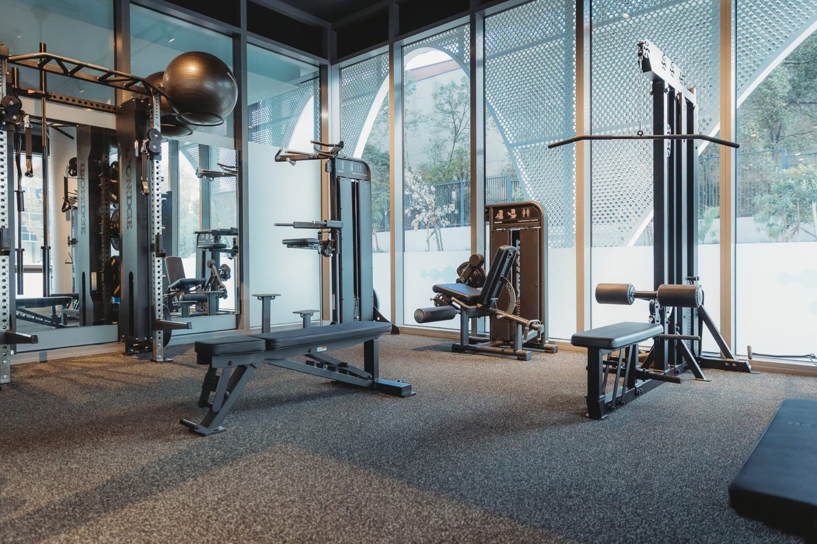 a Modern Gym with Weight Machines, Benches, and Large Windows Letting in Natural Light.
